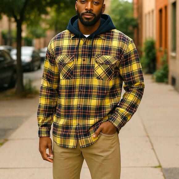 No Boundaries Other - No Boundaries Men’s Long Sleeve Yellow Plaid Hoodie Medium